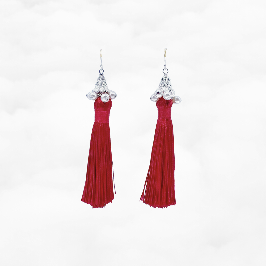 Silver Red Silk Tassel Earrings Medium