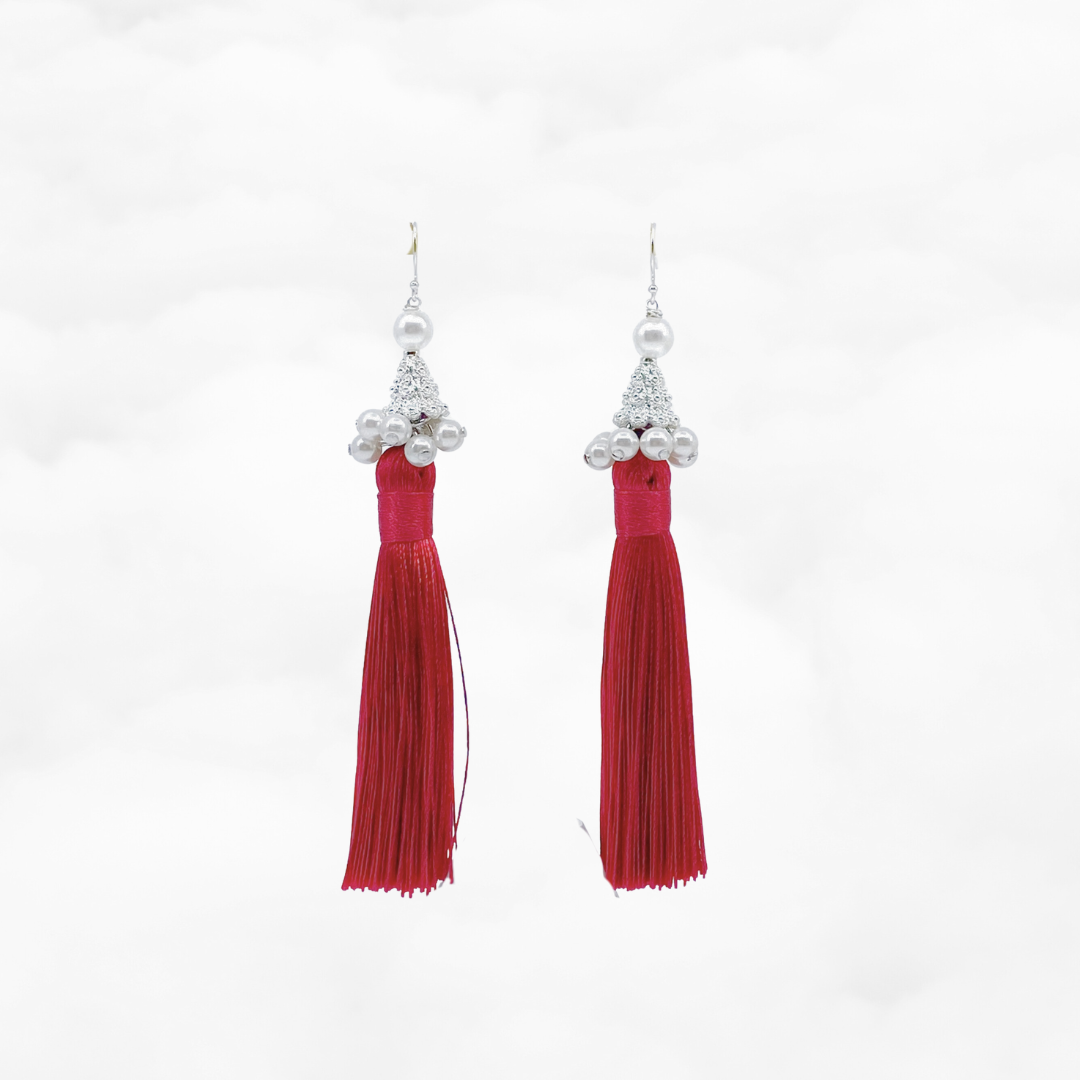 Silver Red Silk Tassel Earrings Long