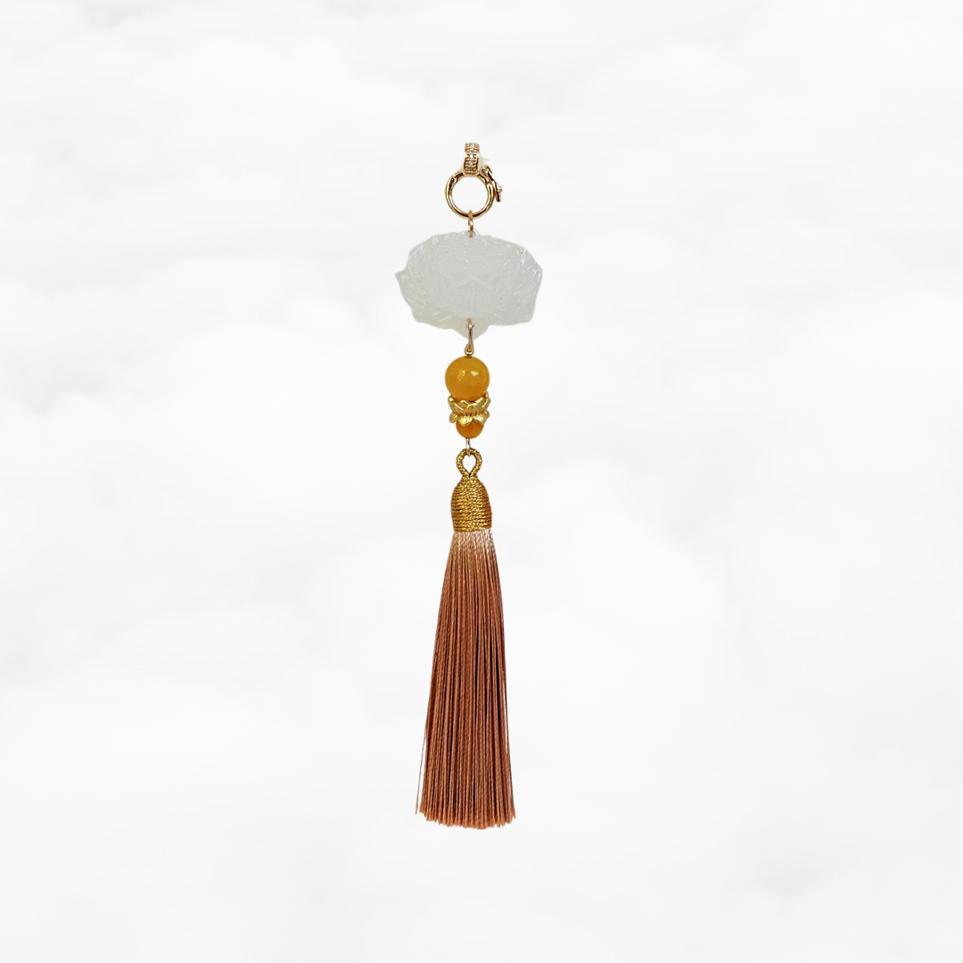 White Jade Lotus Tassel Pendant Champagne - Yun Boutique