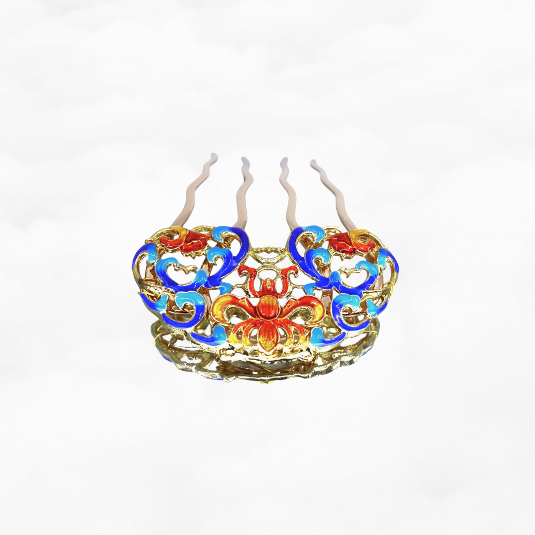 Blue Orange Enamel Peony Hair Comb - Yun Boutique