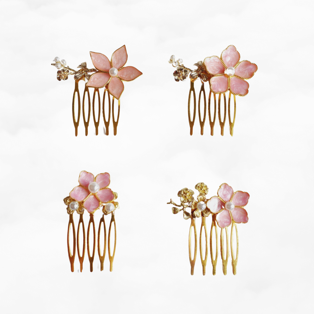 Coral Pink Enamel Flower and Pearl Hair Comb - Yun Boutique