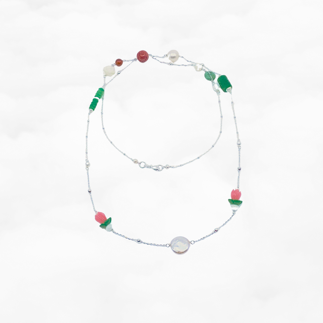 The Nine Jade and Flower Necklace and Earring Set - Yun Boutique