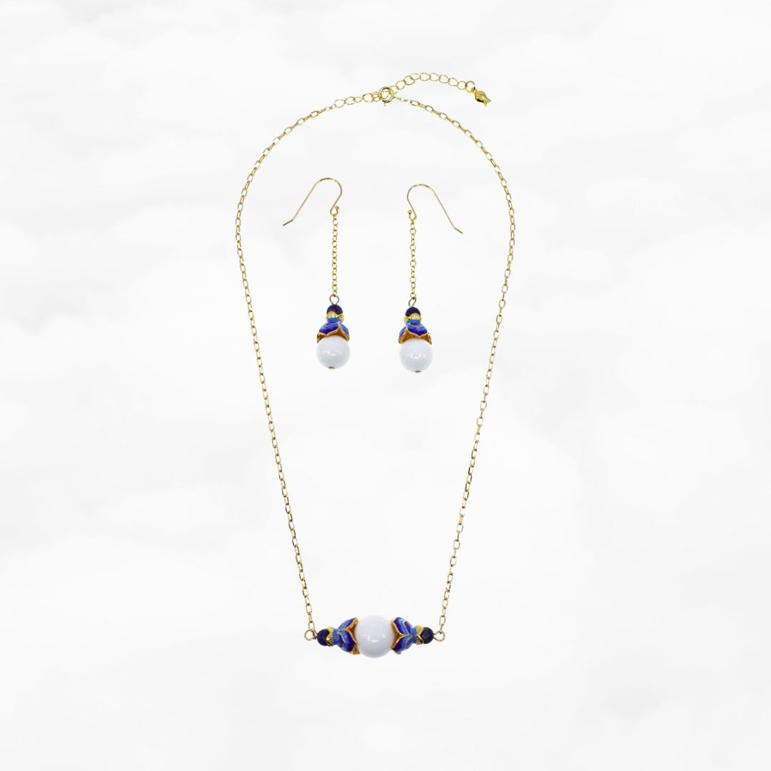 Enamel Lotus Tridacna Necklace and Earrings Set - Yun Boutique