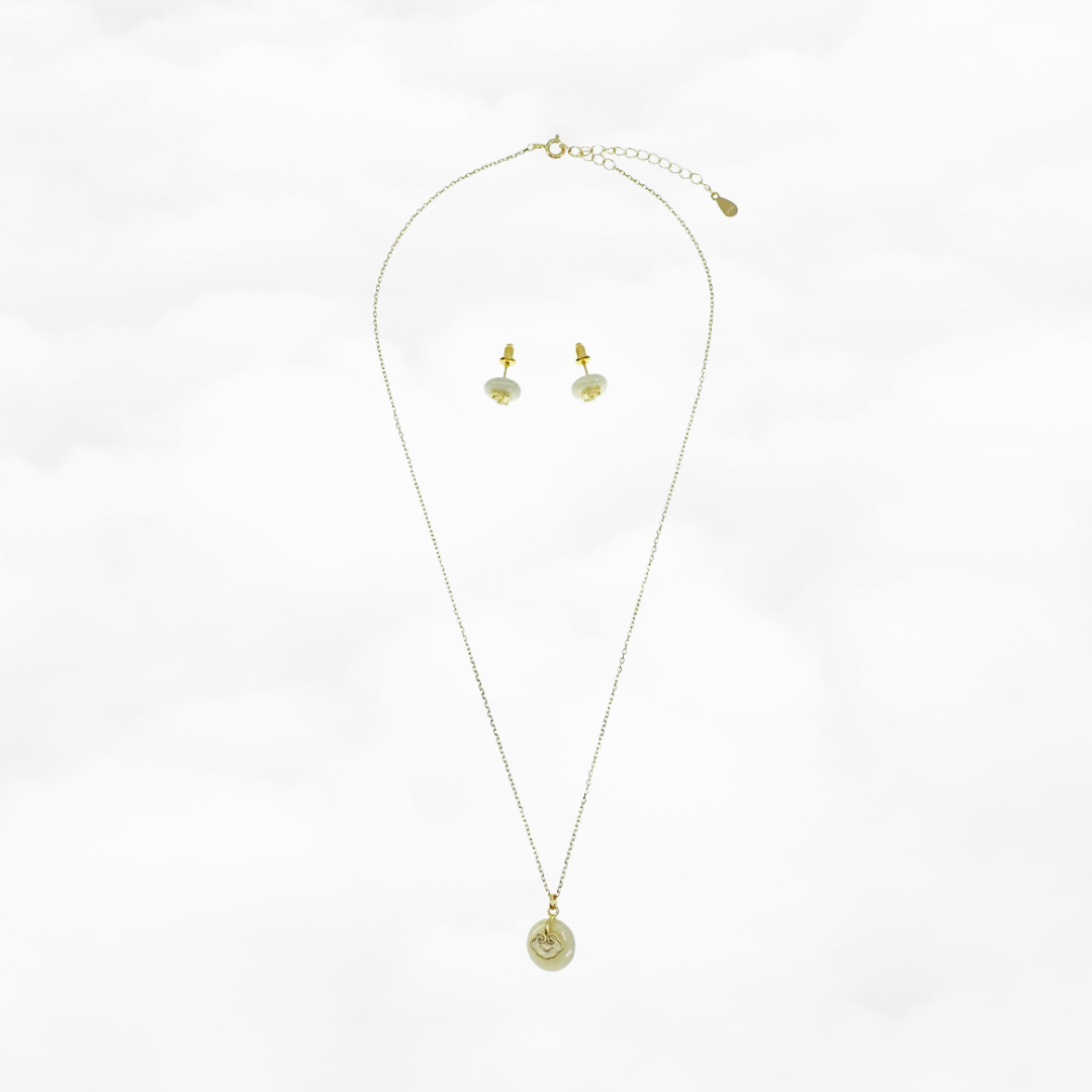 Vermeil Auspicious Clouds Nephrite Jade Necklace and Earrings Set - Yun Boutique