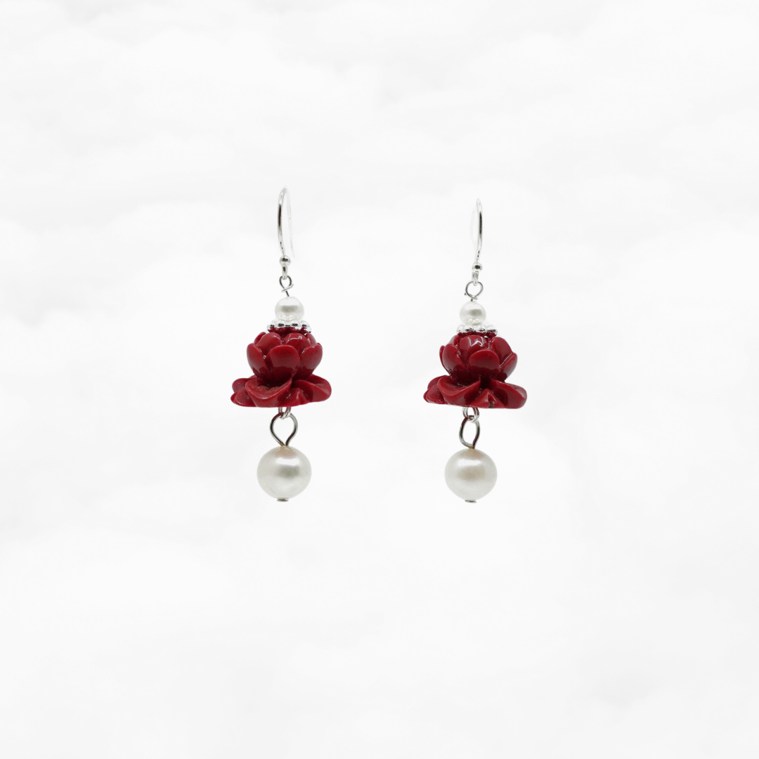 Coral Lotus Earrings - Silver Pearl - Yun Boutique