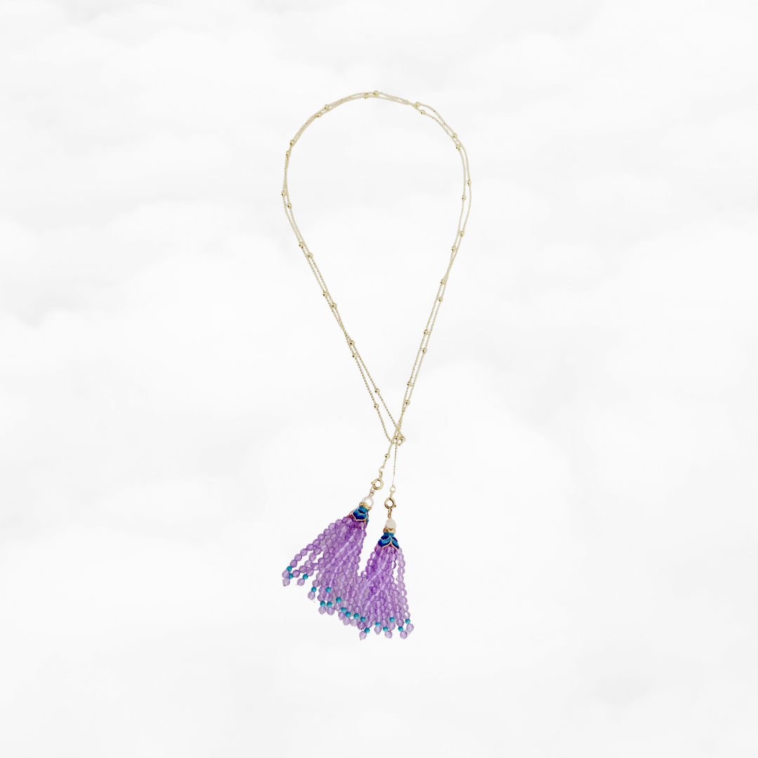 Amethyst Lotus Tassel Lariat Necklace and Earrings Set - Yun Boutique