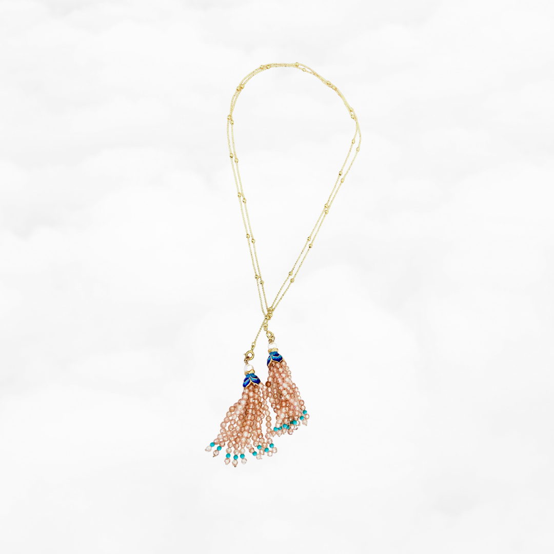 Champagne Zircon Enamel Lotus Tassels Necklace and Earring Set - Yun Boutique