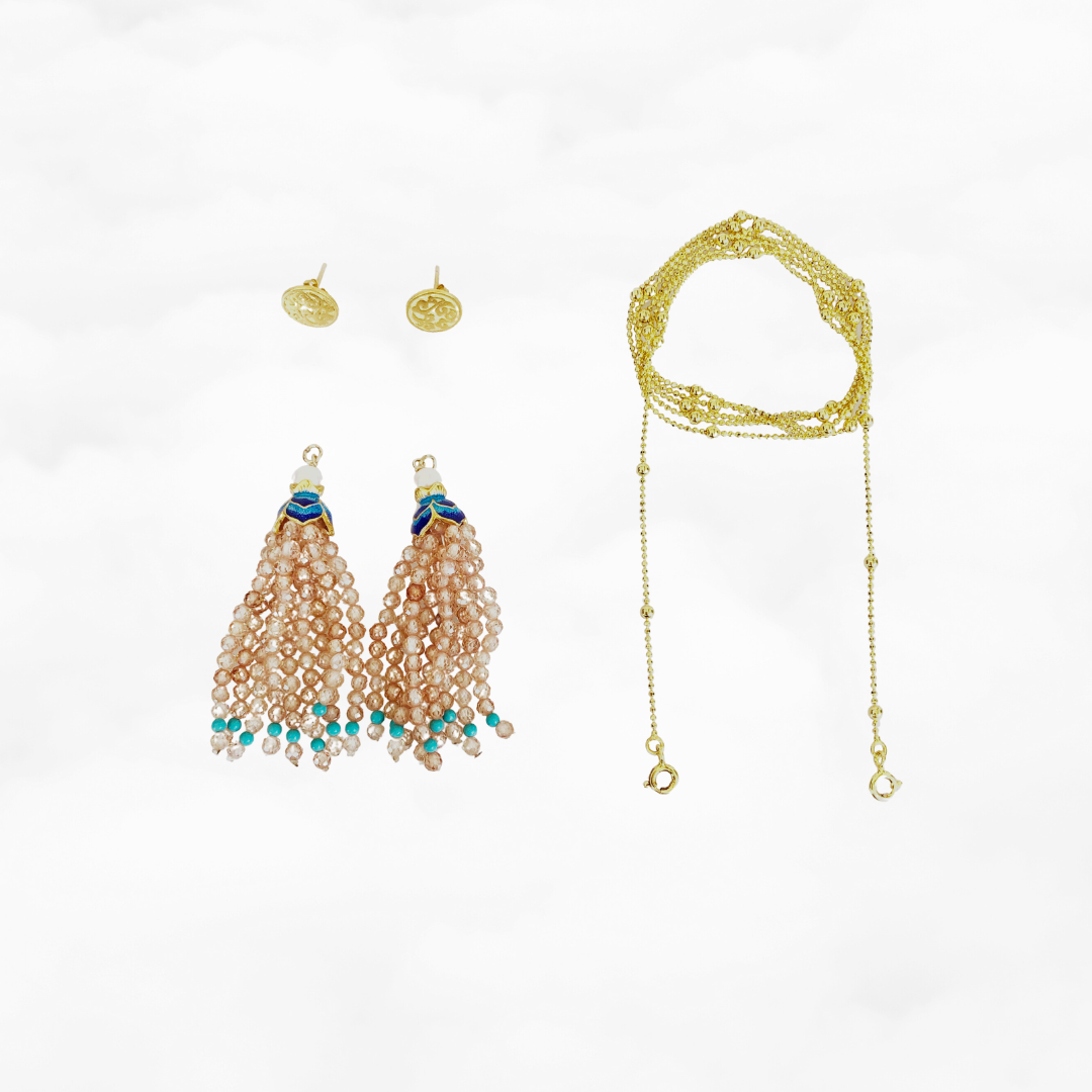 Champagne Zircon Enamel Lotus Tassels Necklace and Earring Set - Yun Boutique