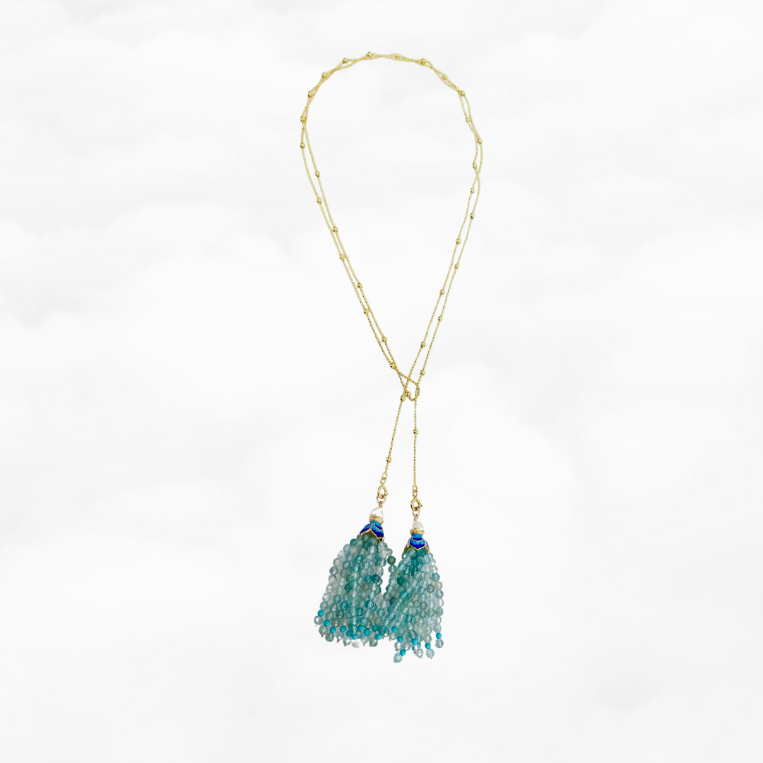 Apatite Lotus Tassels Lariat Necklace and Earrings Set - Yun Boutique