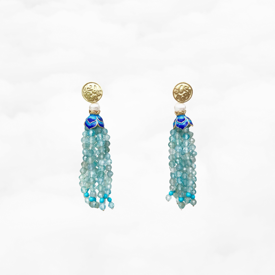 Apatite Lotus Tassels Lariat Necklace and Earrings Set - Yun Boutique