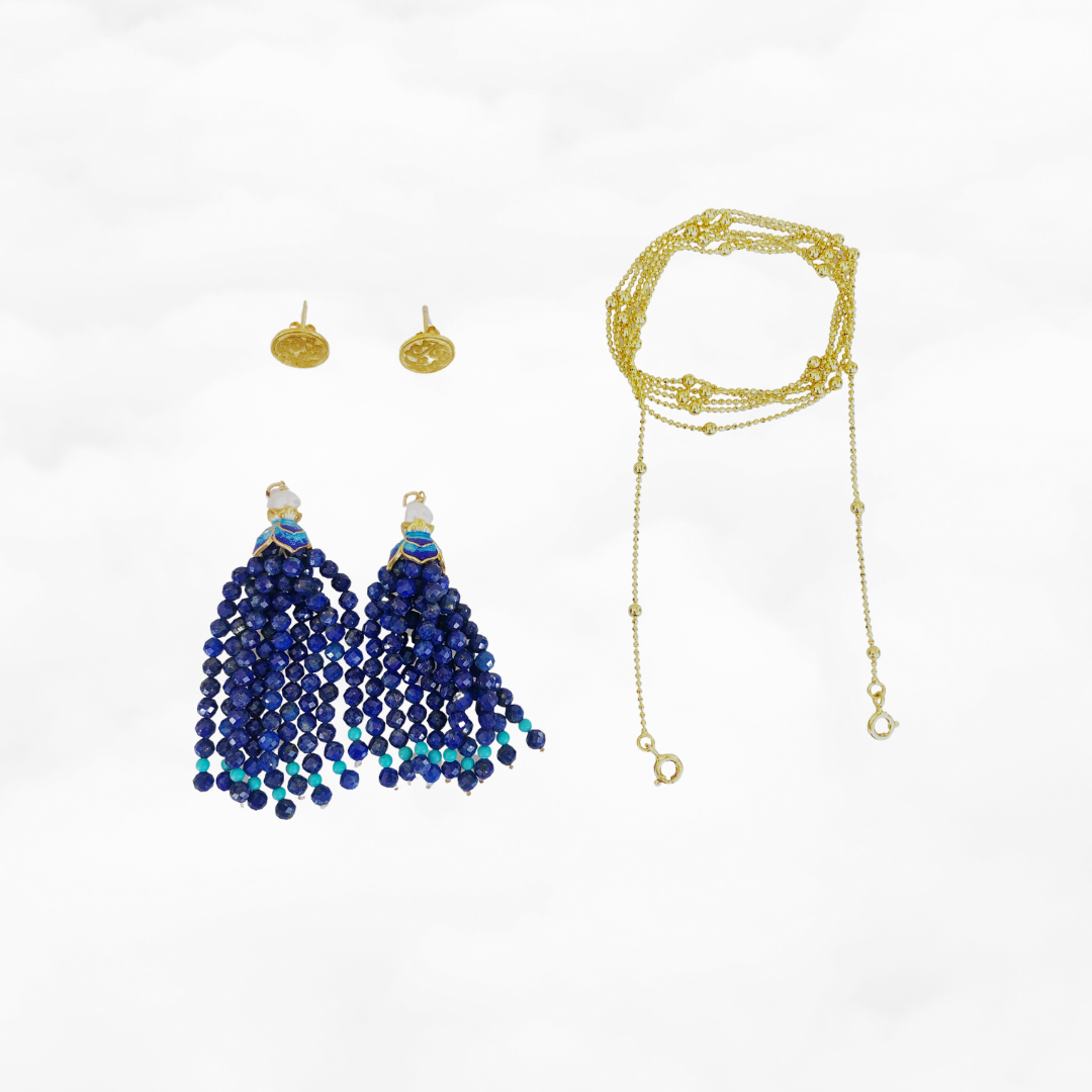 Lapis Lotus Tassels Lariat Necklace and Earrings Set - Yun Boutique