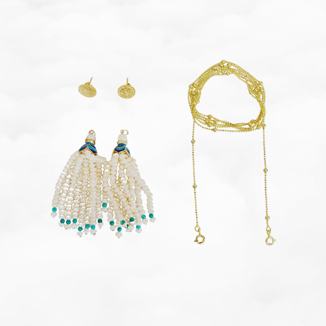 Pearl Lotus Tassels Lariat Necklace and Earrings Set - Yun Boutique