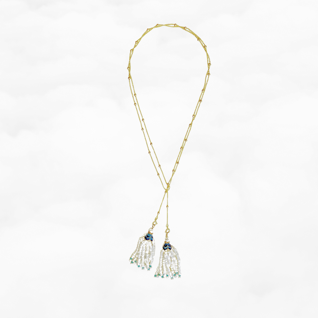 Pearl Lotus Tassels Lariat Necklace and Earrings Set - Yun Boutique