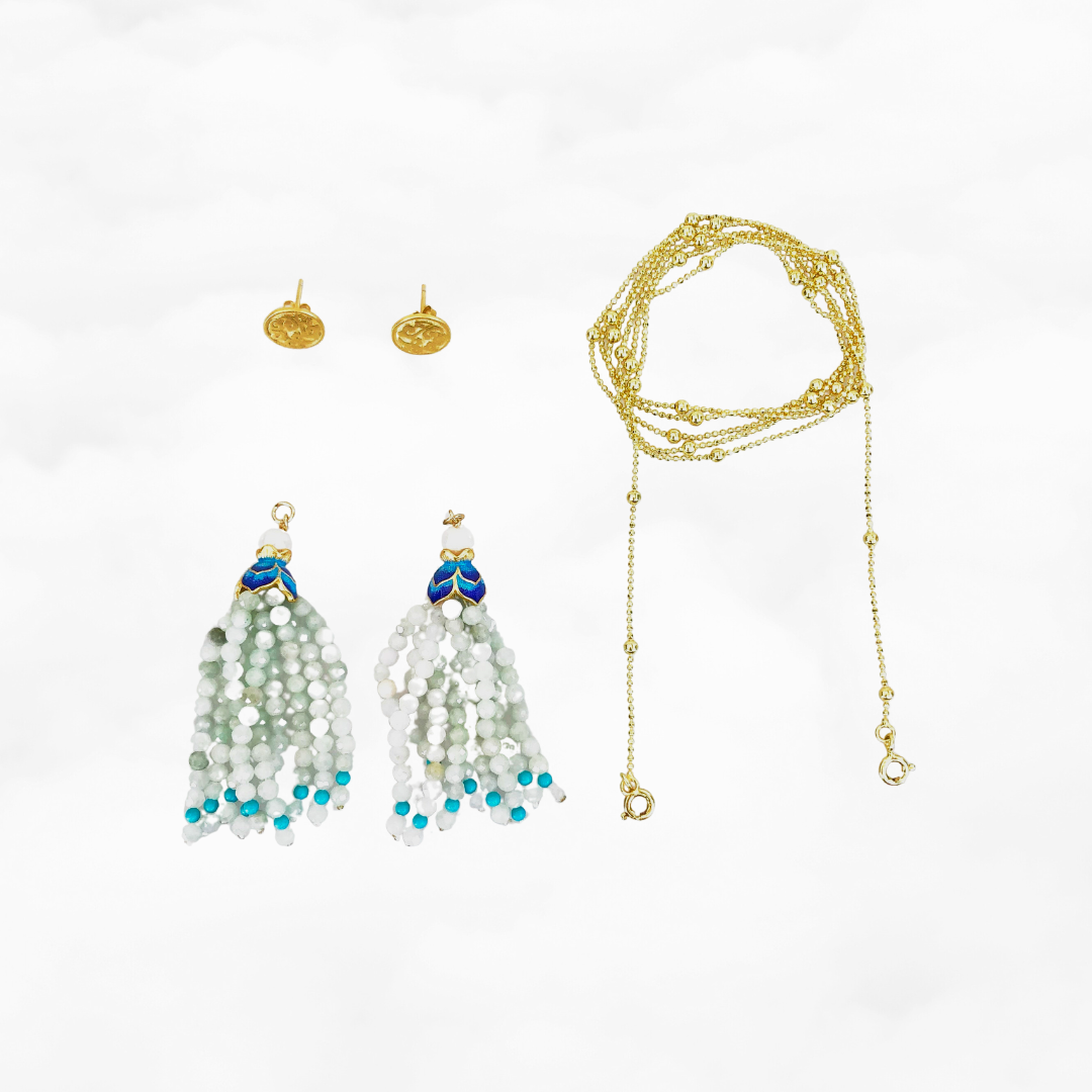 Burma Jadeite Enamel Lotus Tassel Lariat Necklace and Earrings Set - Yun Boutique