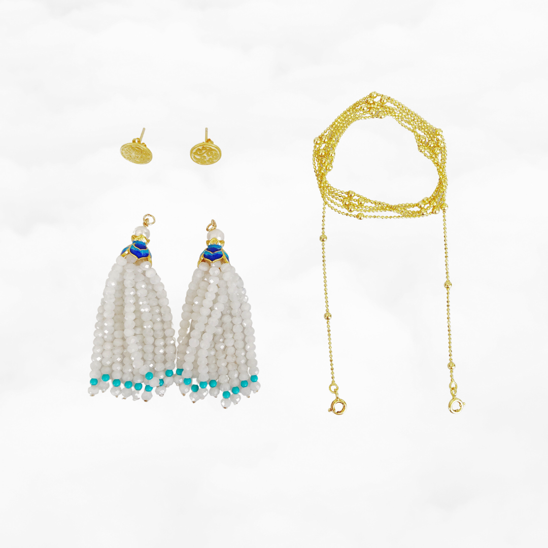 Moonstone Lotus Tassels Lariat Necklace and Earrings Set - Yun Boutique