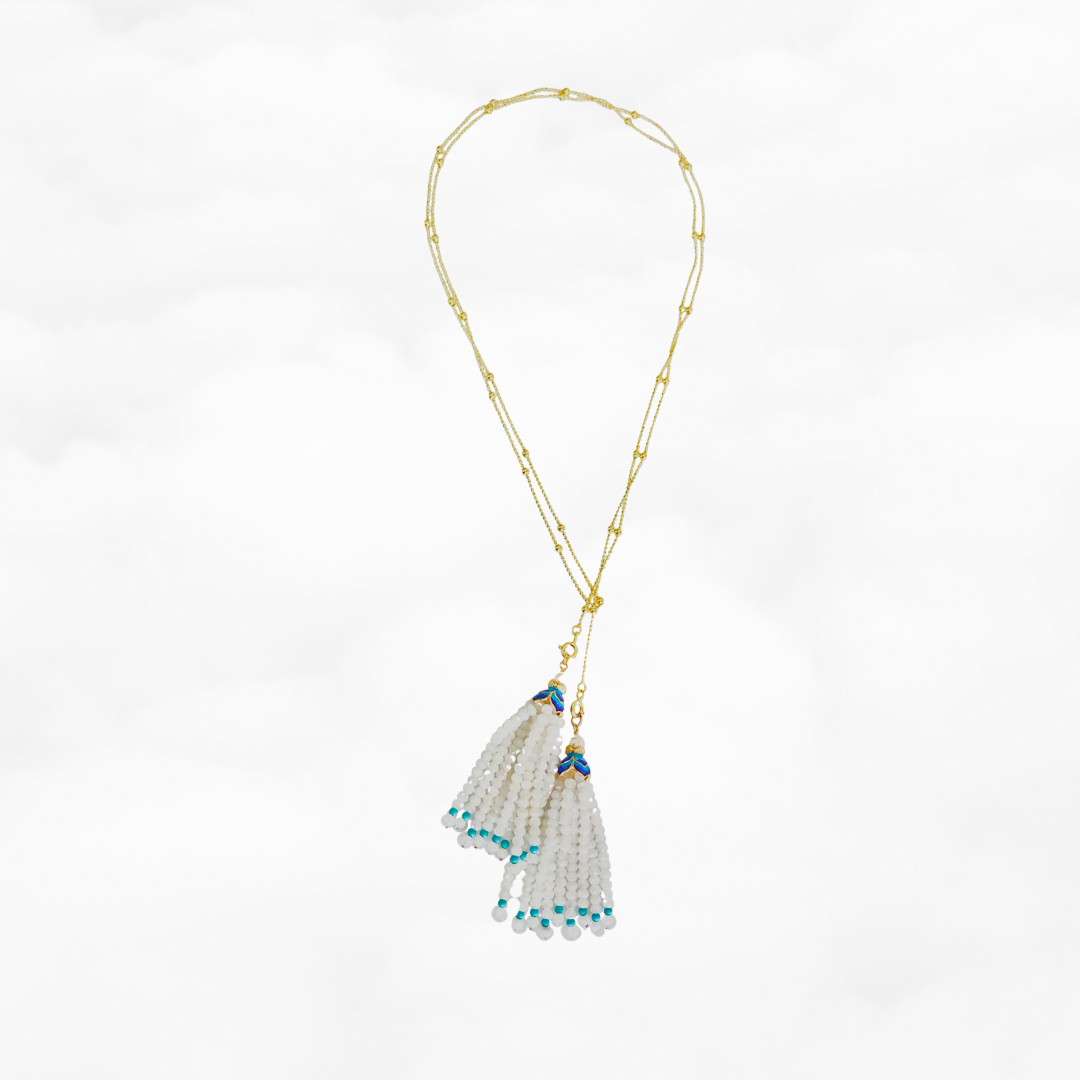 Moonstone Lotus Tassels Lariat Necklace and Earrings Set - Yun Boutique