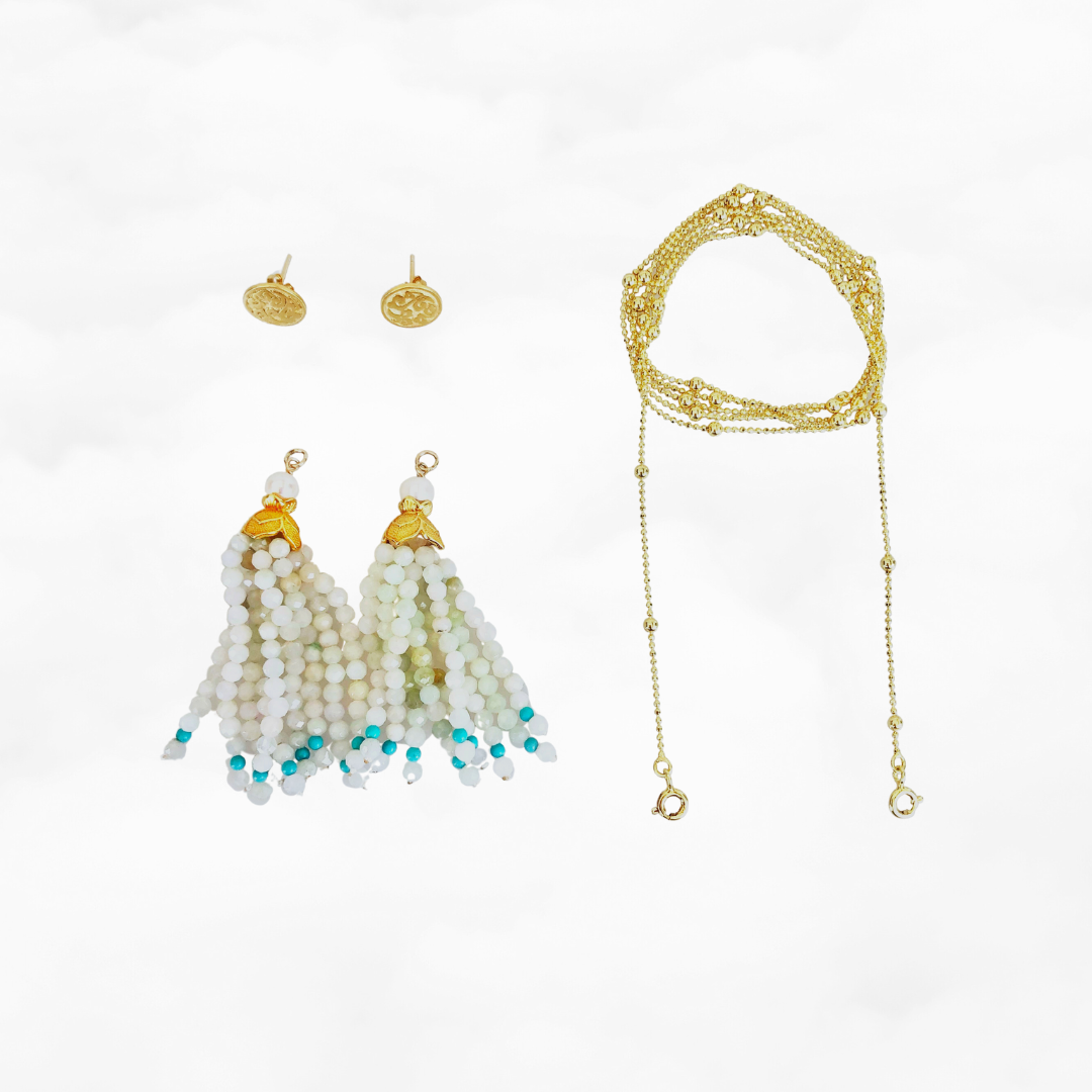 Gold Lotus Burma Jadeite Tassel Lariat Necklace and Earrings Set - Yun Boutique