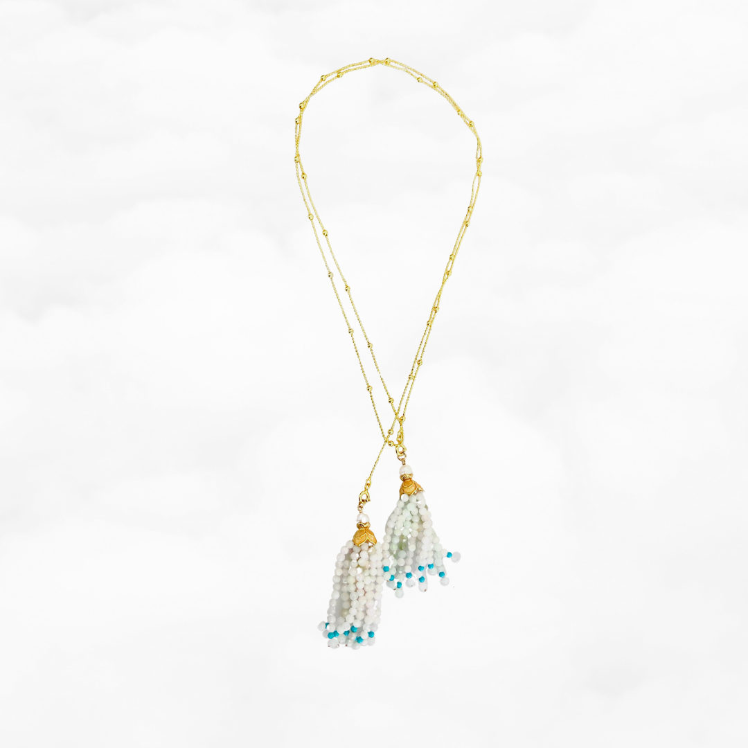 Gold Lotus Burma Jadeite Tassel Lariat Necklace and Earrings Set - Yun Boutique