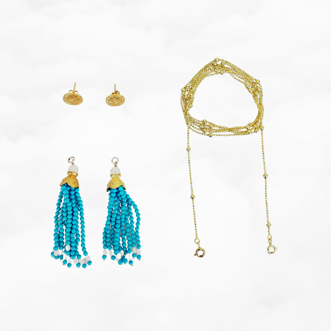 Gold Lotus Turquoise Tassel Lariat Necklace and Earrings Set - Yun Boutique