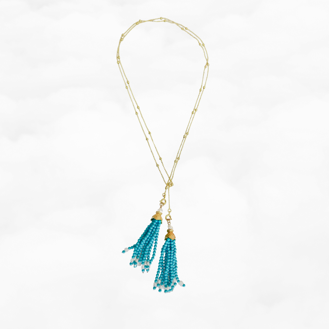 Gold Lotus Turquoise Tassel Lariat Necklace and Earrings Set - Yun Boutique