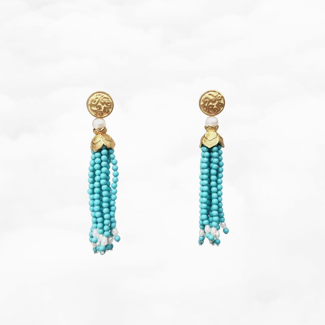 Gold Lotus Turquoise Tassel Lariat Necklace and Earrings Set - Yun Boutique