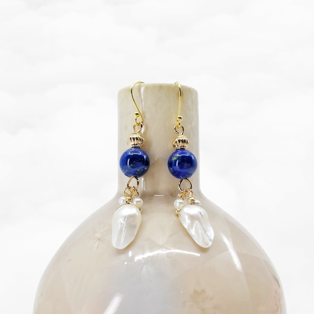 Pearl Feather Lapis Earrings - Yun Boutique