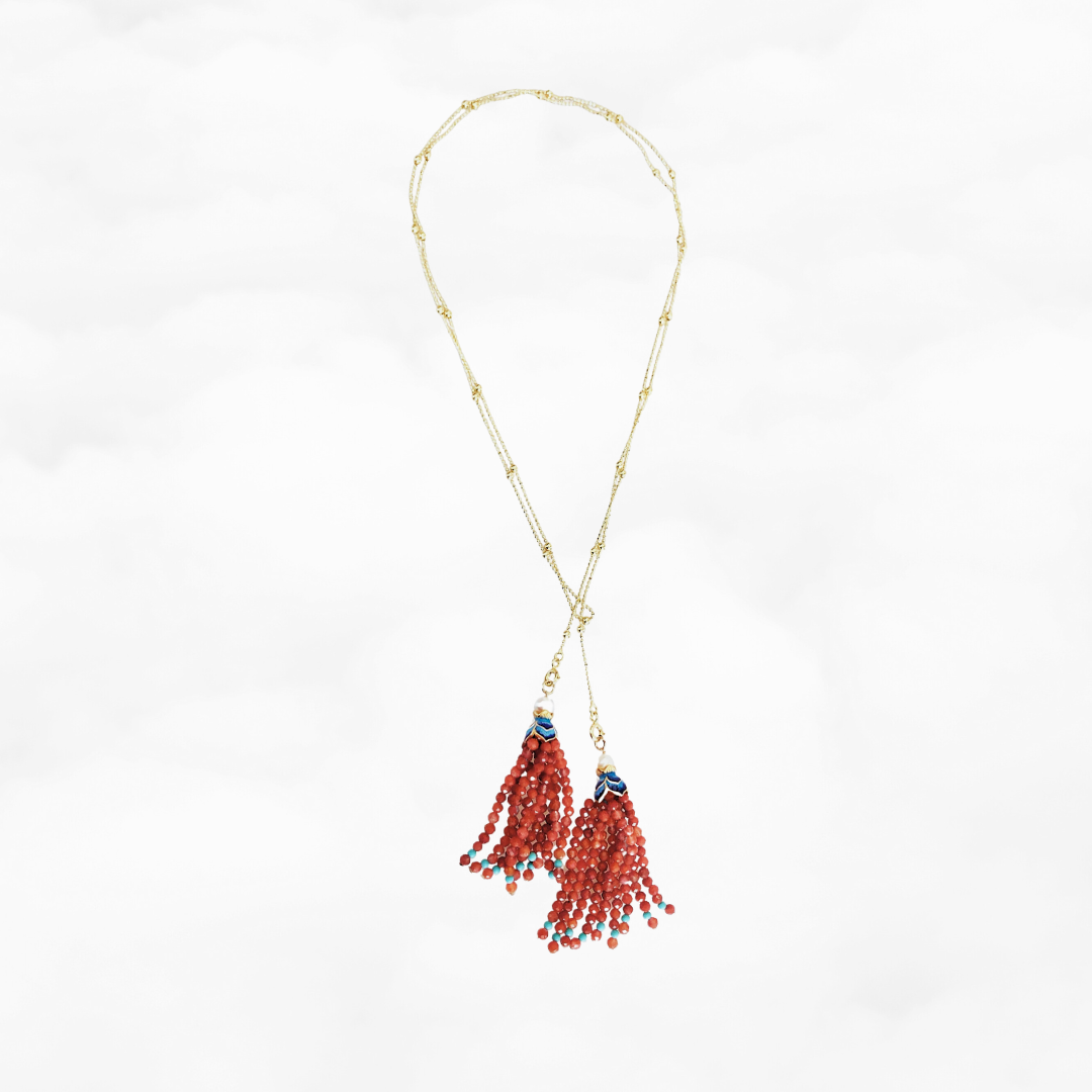 Carnelian Lotus Tassels Lariat Necklace and Earrings Set - Yun Boutique