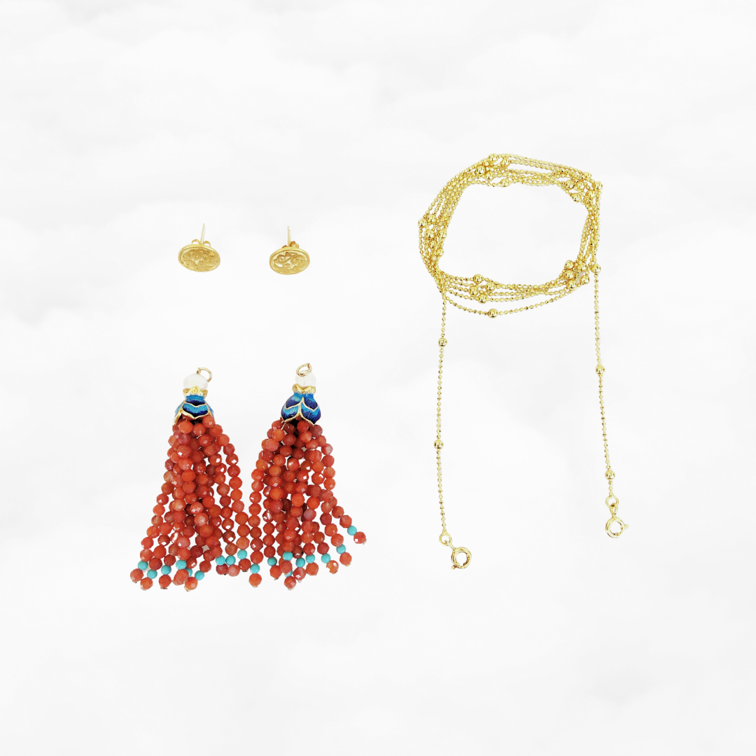 Carnelian Lotus Tassels Lariat Necklace and Earrings Set - Yun Boutique