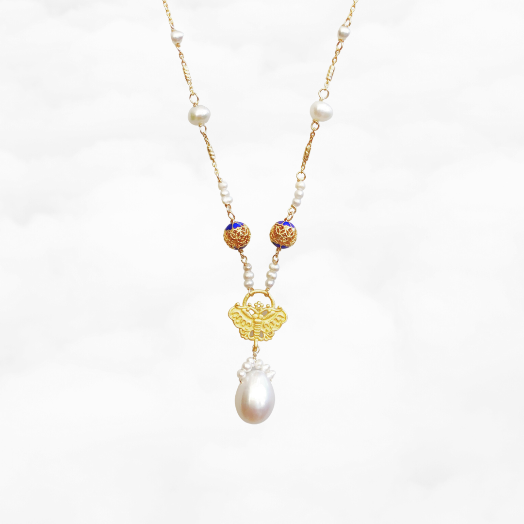 Gold Enamel Lotus/Butterfly Pearl Necklace 16 Inch - Yun Boutique