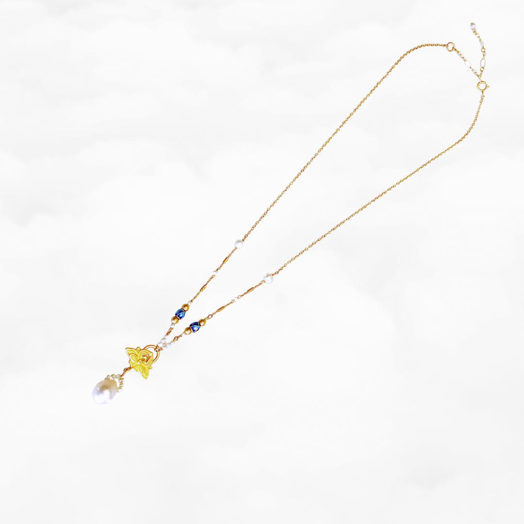 Gold Enamel Lotus/Butterfly Pearl Necklace 16 Inch - Yun Boutique