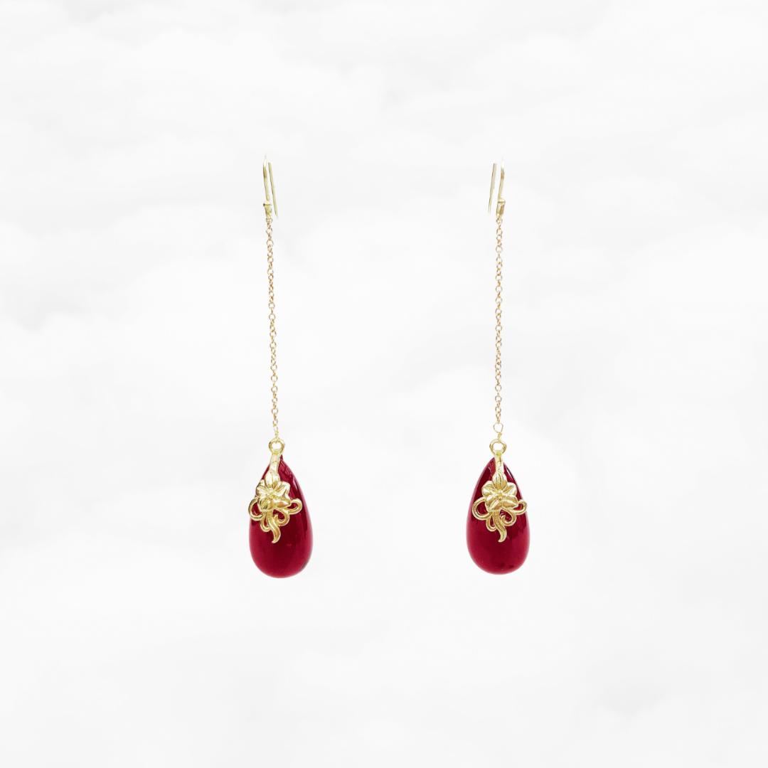 Red Jade Earrings with Long Dangle Chain - Yun Boutique