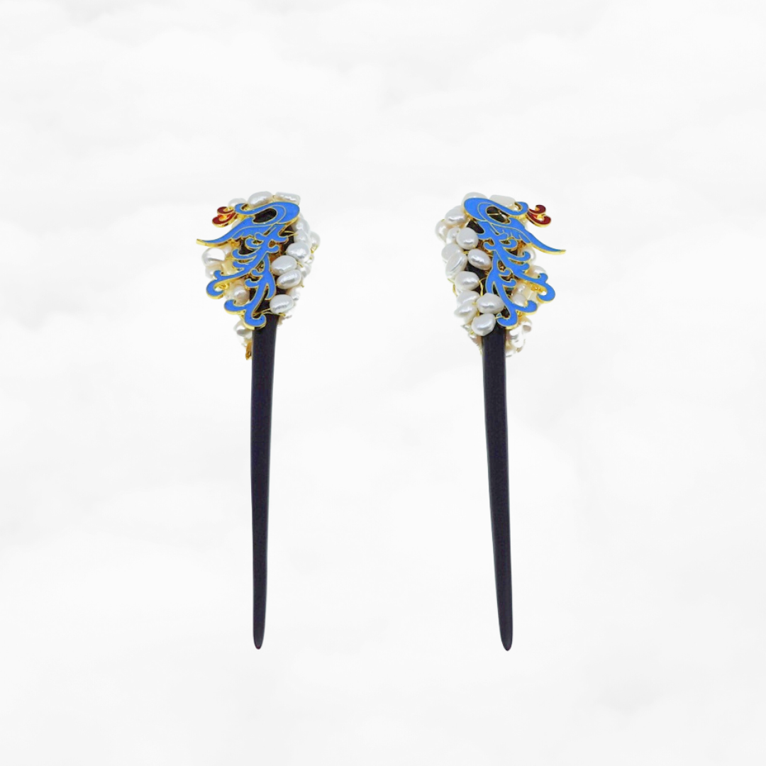 Imitation Kingfisher Enamel Phoenix Wood Hair Stick with Baroque Pearls - Yun Boutique