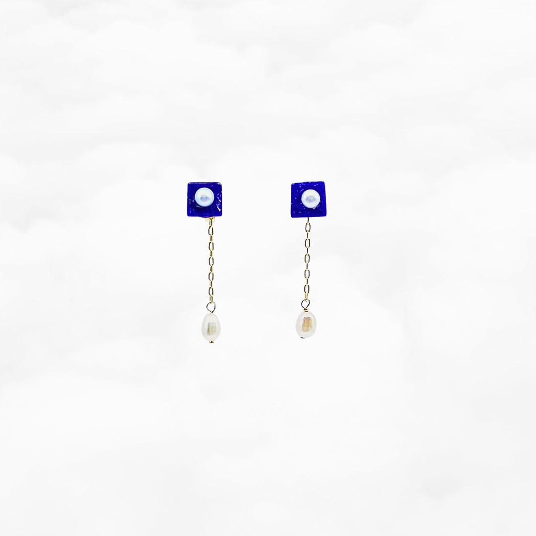 The Nine Lapis and Pearl Stud Earrings - Yun Boutique