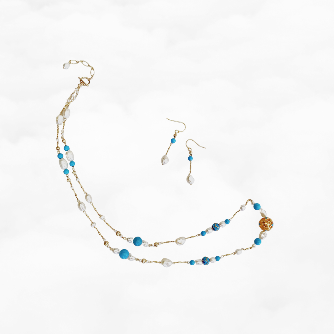 Auspicious Turquoise and Pearl Long Necklace - Yun Boutique