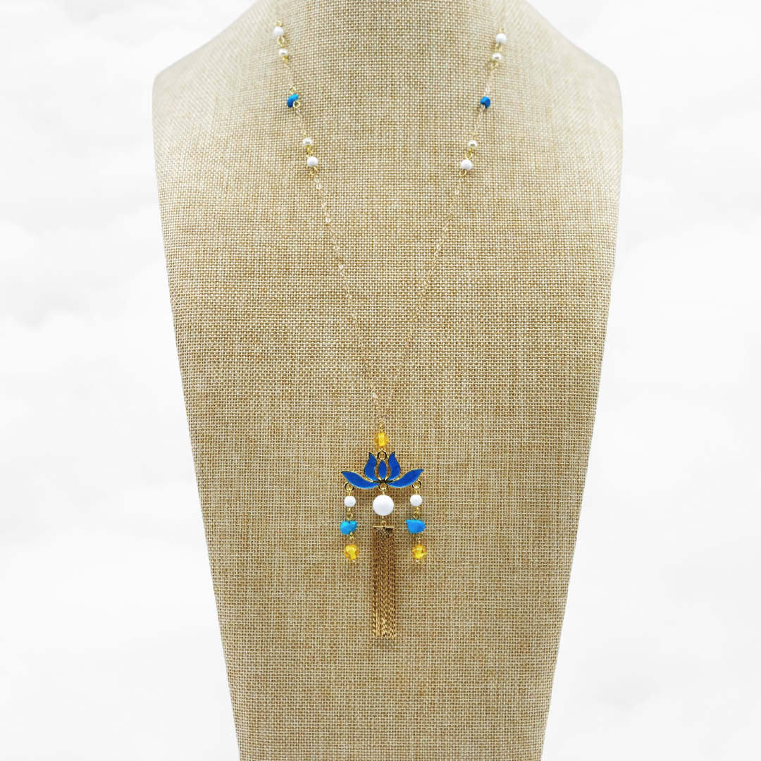 Blue Enamel Lotus Long Necklace - Yun Boutique