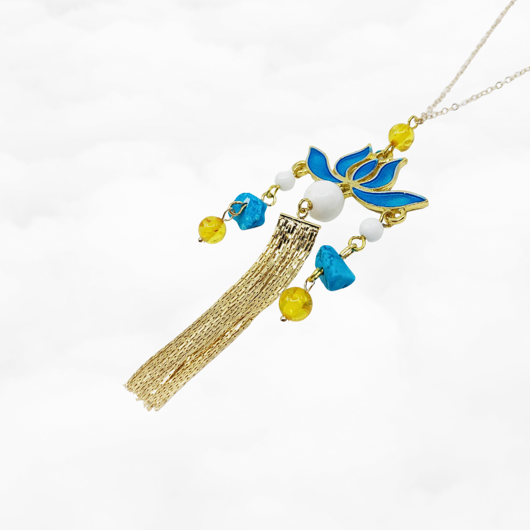 Blue Enamel Lotus Long Necklace - Yun Boutique