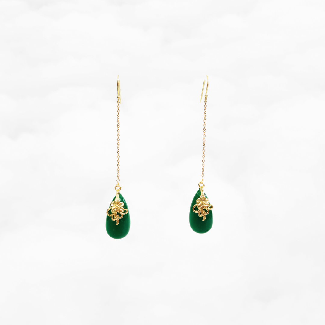 Green Jade Earrings with Long Dangle Chain - Yun Boutique