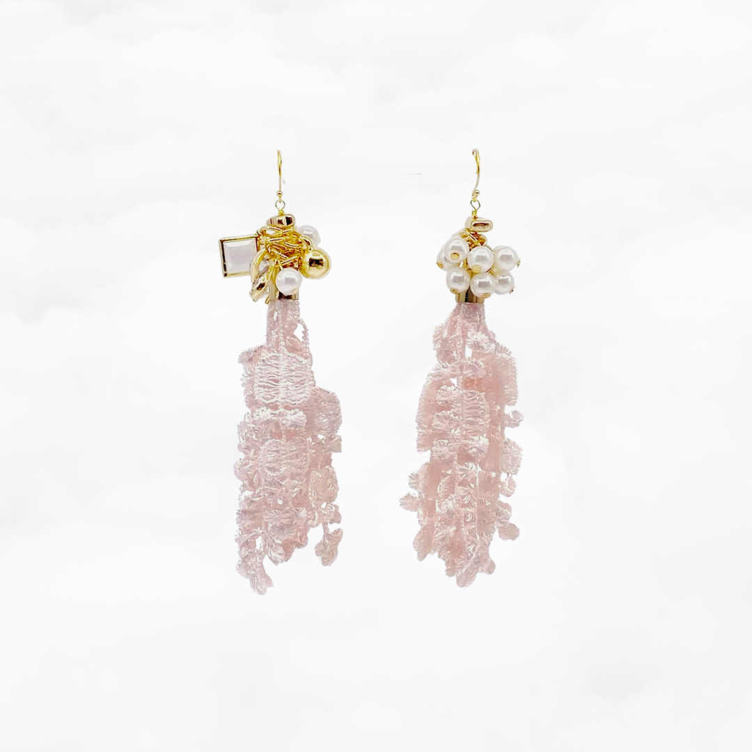 Asymmetrical Pink Lace Tassel Earrings - Yun Boutique