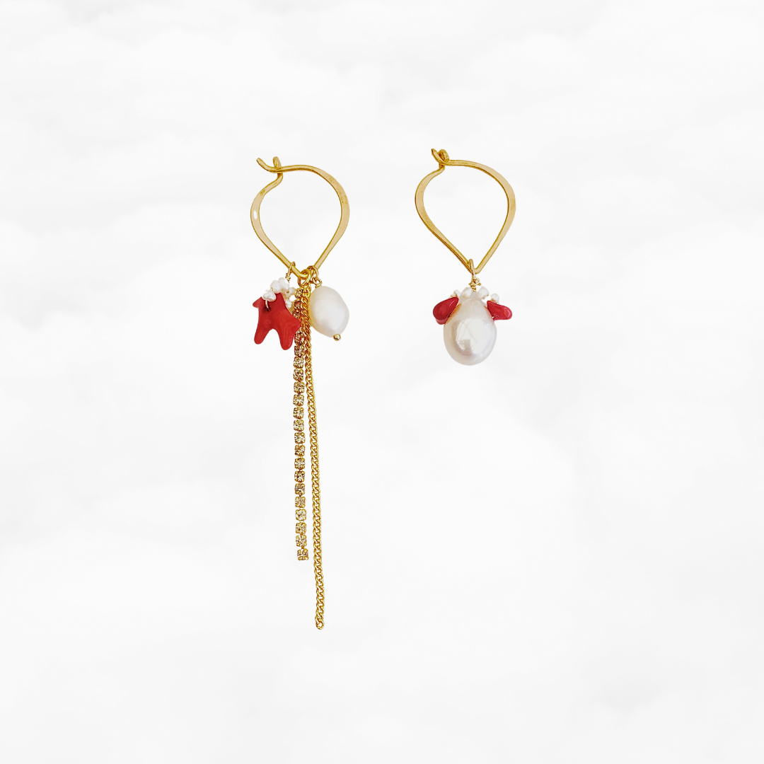 Asymmetrical Red Coral and Pearl Earrings - Yun Boutique