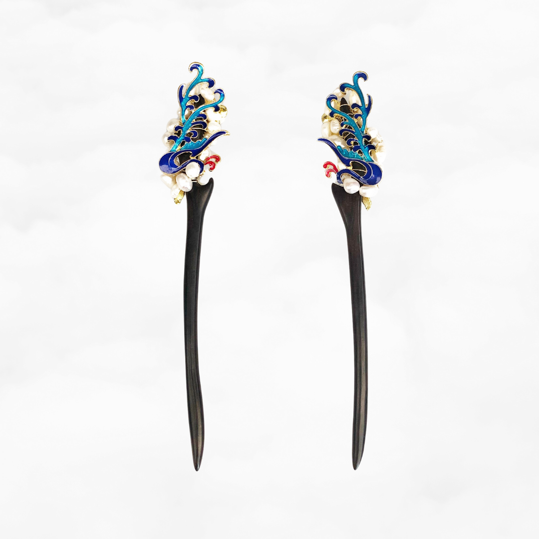 Auspicious Baroque Pearl Enamel Wood Hair Stick - Yun Boutique