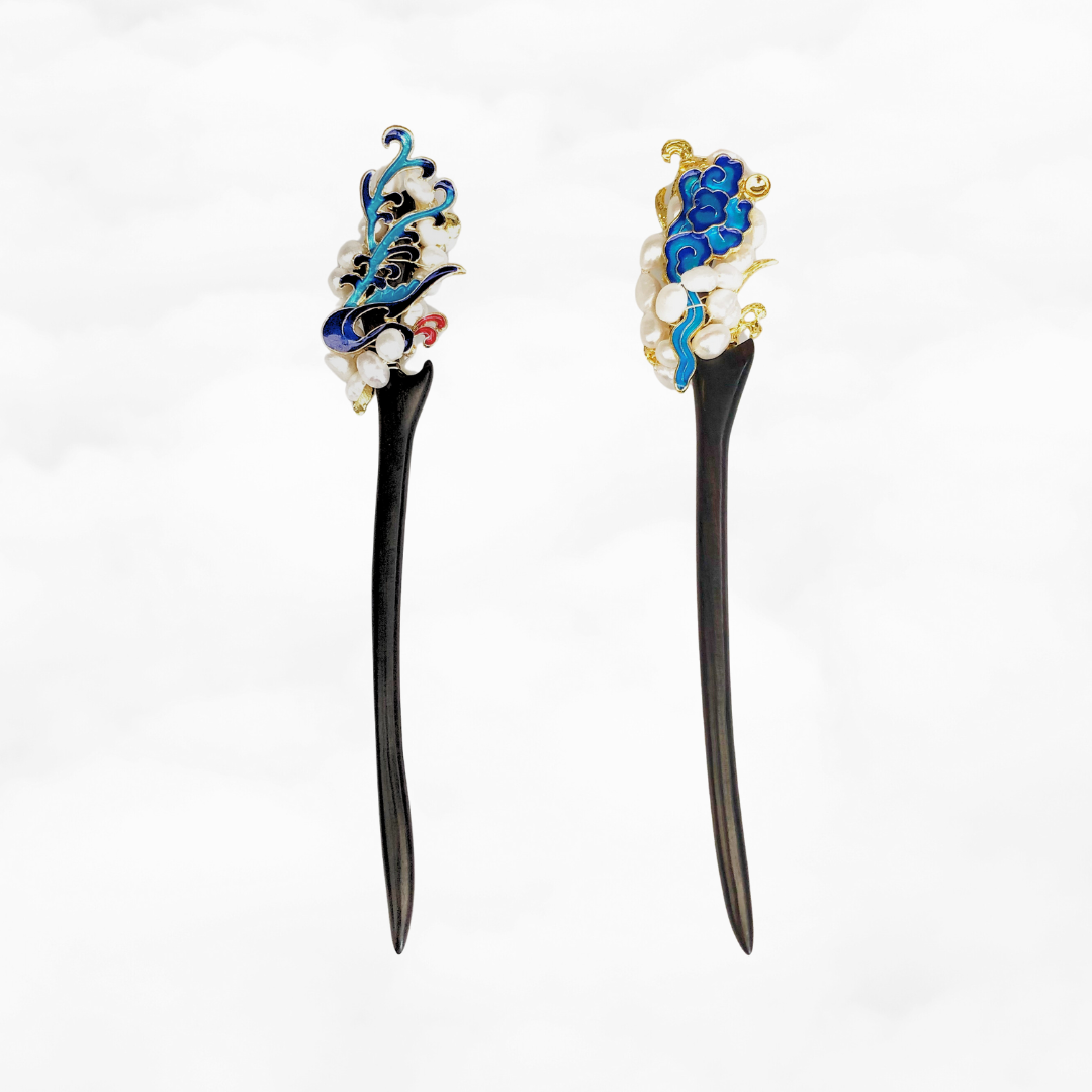 Auspicious Baroque Pearl Enamel Wood Hair Stick - Yun Boutique