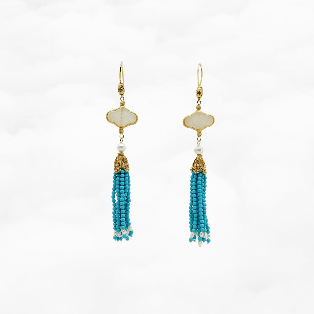 Auspicious Clouds Jade and Turquoise Tassel Earrings - Yun Boutique