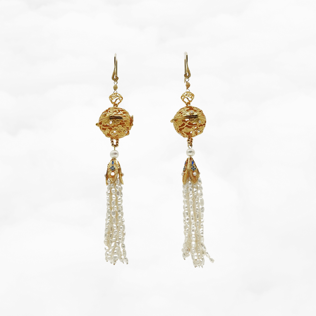 Auspicious Clouds Locket Ball and Pearl Tassel Earrings - Yun Boutique