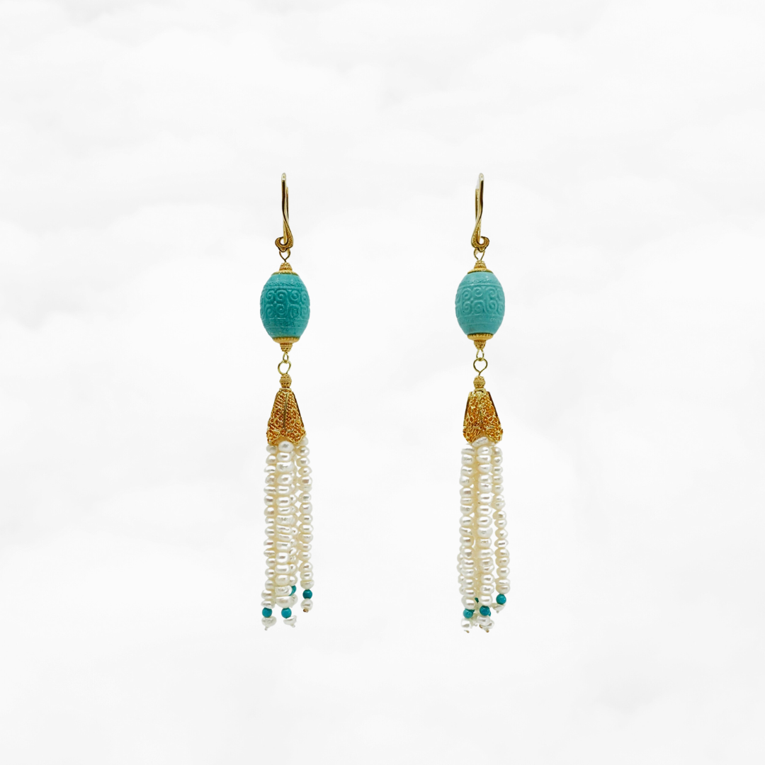 Auspicious Clouds Turquoise and Pearl Tassel Earrings - Yun Boutique