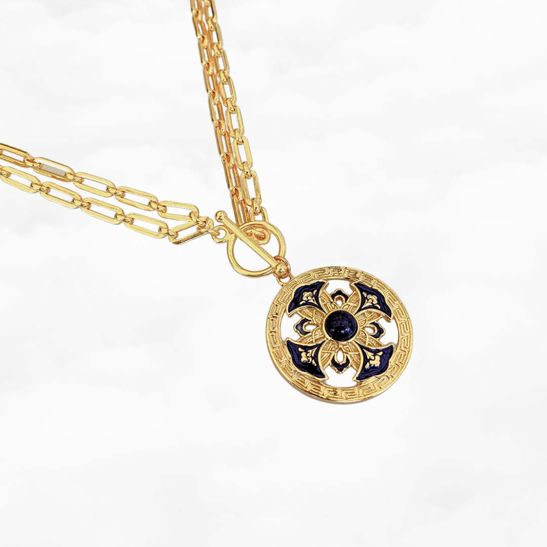 Auspicious Flower Enamel Pendant Necklace Gold - Yun Boutique