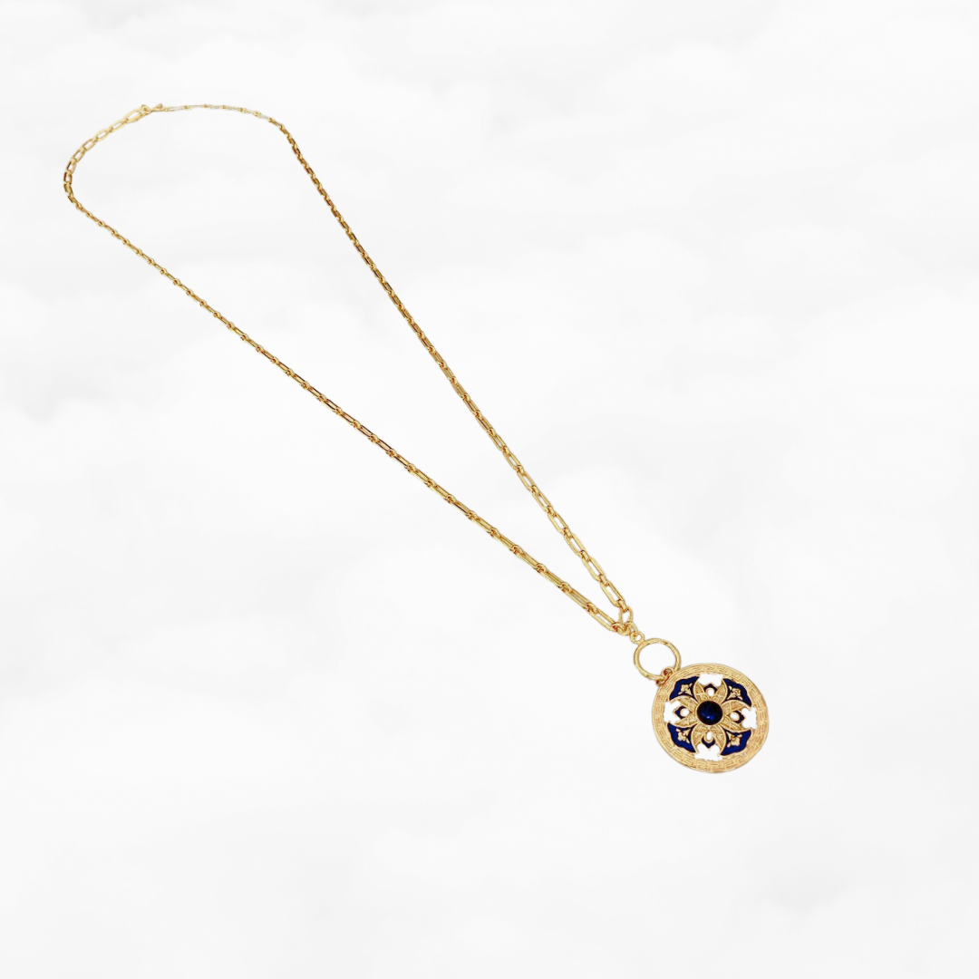 Auspicious Flower Enamel Pendant Necklace Gold - Yun Boutique