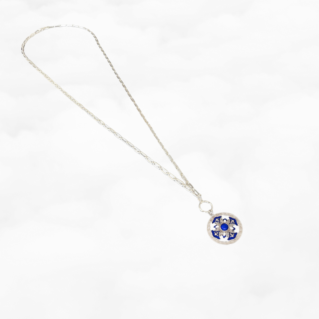 Auspicious Flower Enamel Pendant Necklace Silver - Yun Boutique