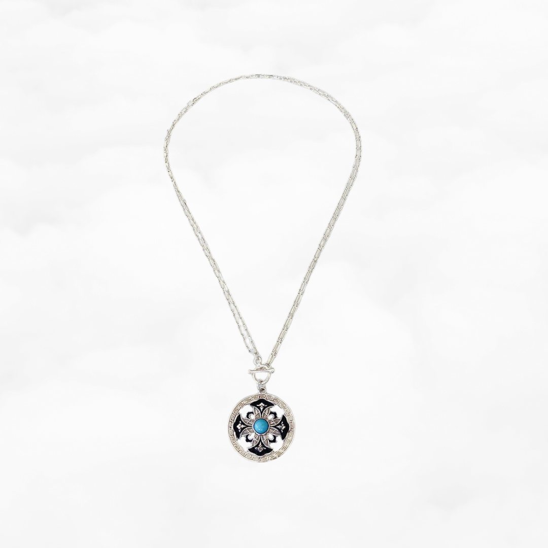 Auspicious Flower Enamel Pendant Necklace Silver - Yun Boutique