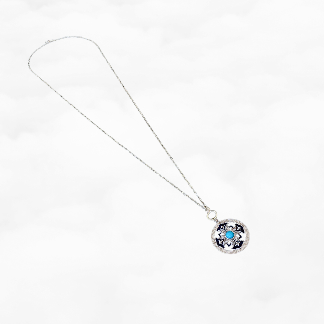 Auspicious Flower Enamel Pendant Necklace Silver - Yun Boutique