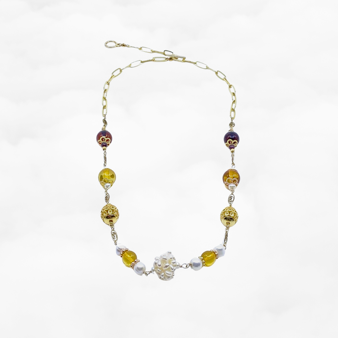 Autumn Amber and Pearl Necklace - Yun Boutique